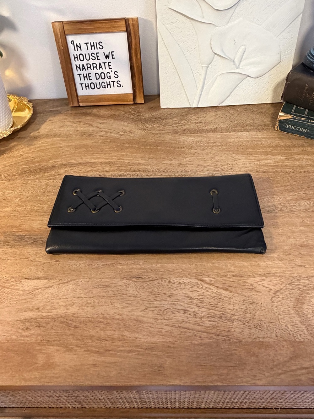 Vintage Jane Shilton Black Genuine Leather Clutch Made in England 60s 70s